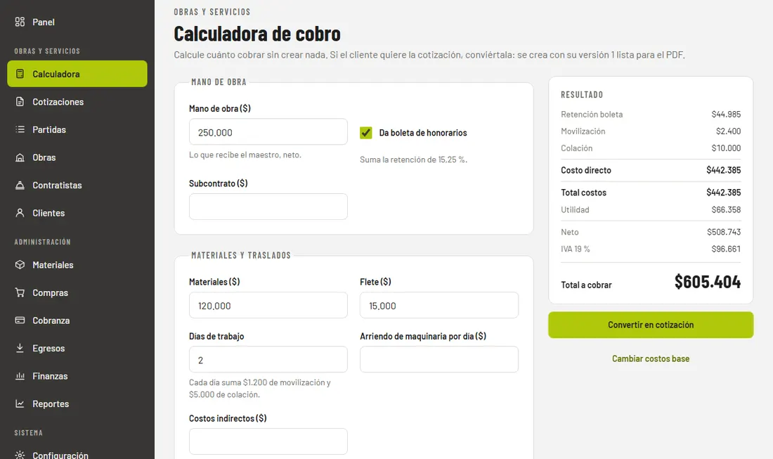 Calculadora de cobro de una empresa de obras