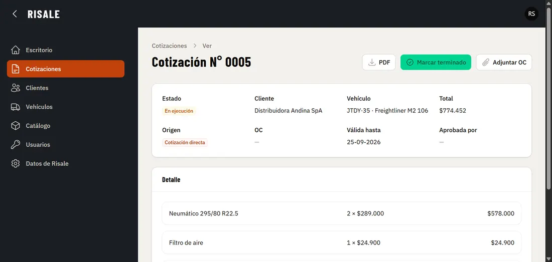 Cotización en ejecución de un taller de camiones